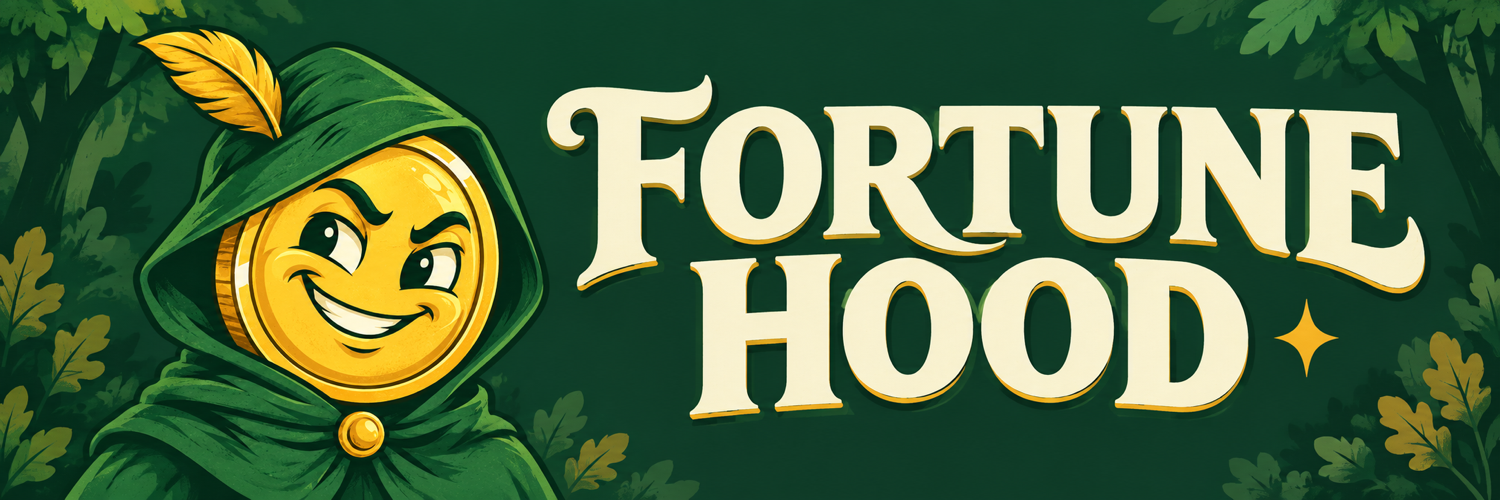 Fortune Hood banner with the golden outlaw and Fortune Hood lettering against an illustrated green woodland